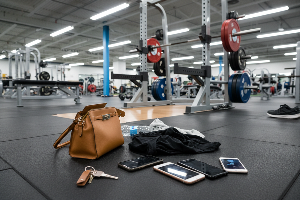 image at the gym with keys purse tank top phones laying on the floor next to a squat rack
